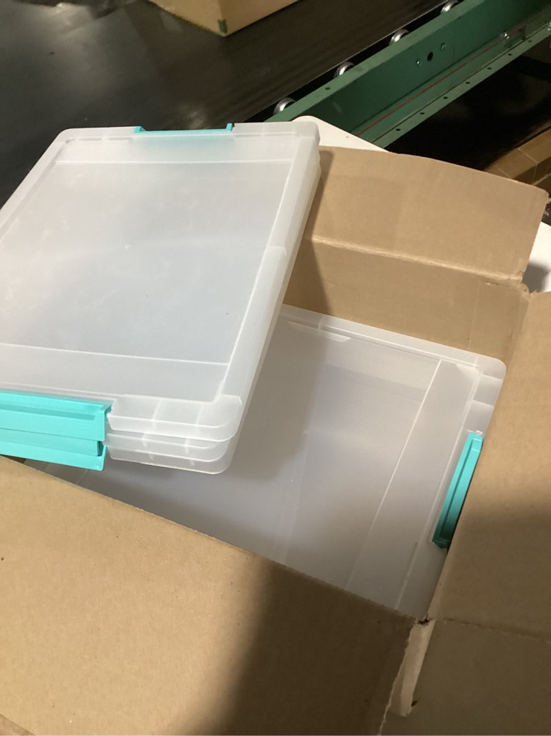 Condition photo showing Good Condition for IRIS USA 6 Qt. Storage Bins with Lids, 4-Pack, |Made in USA|, Small Plastic Craft Container Sensory Totes for Art Supplies, Paper, and Office, Stackable - Clear 6 Qt. - 4 Pack