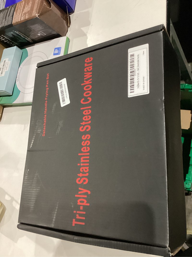 Condition photo showing As Is for Inqibee 8.5-10-12 Inch Tri-Ply Stainless Steel Frying Pan Set with Lid,Skillets,Induction Cooking Pans,Pots and Pans Set,Dishwasher and Oven Safe,Detachable Handle. 8.5"+10"+12" with Lid