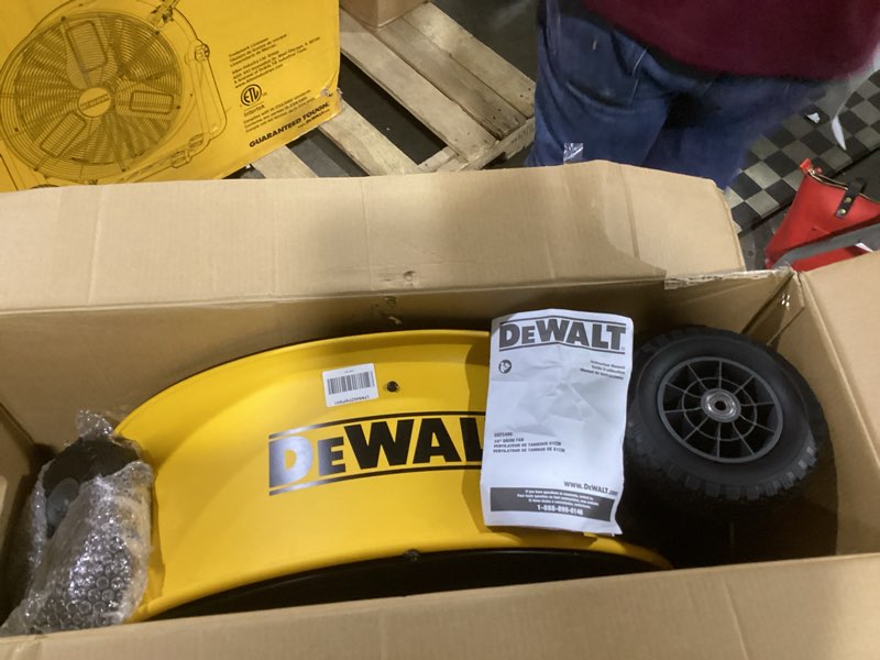 Condition photo showing As Is for dewalt dxf2490 high velocity fan, floor fans, 24 inch large electric metal rotating industrial fan with 360° adjustable tilt & large wheel, drum fans for outdoor and warehouse, yellow