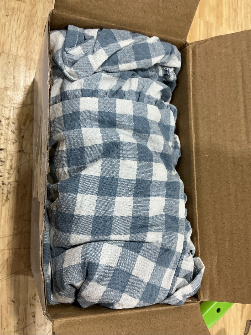 Condition photo showing Good Condition for hunnmingre 1 pcs blue plaid gingham ruffle table runner 118 x 13.8'' farmhouse table runner 100% cotton scalloped long dresser scarves for dining room, wedding, kitchen rustic home decor blue 118 x 13.8 inch