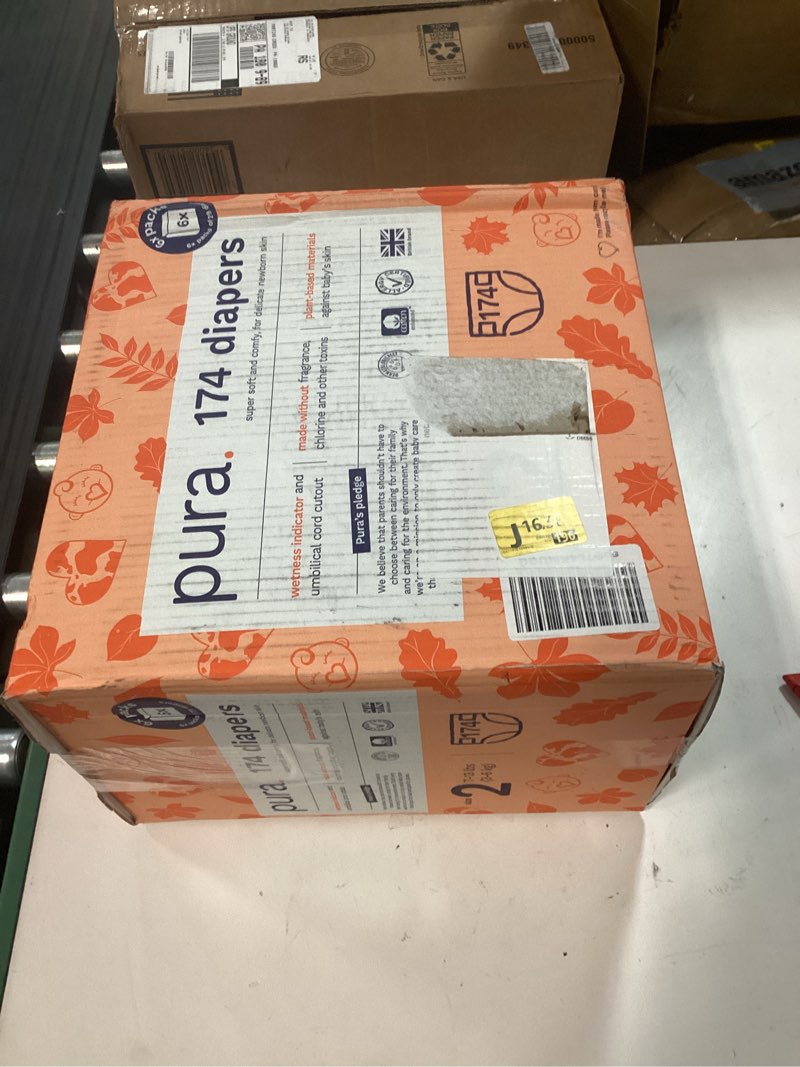 Condition photo showing New/Like New for pura hypoallergenic diapers size 2 (7-13 lbs) monthly pack, totally chlorine free, wetness indicator, suitable for sensitive skin, soft organic cotton comfort, overnight, 6 packs of 29 (174 diapers) size 2 174