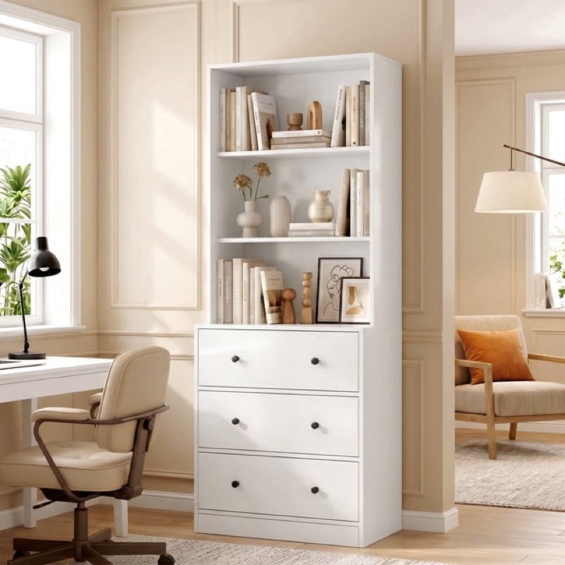 richya 71'' tall bookcase with 3 drawers, 3-tier open display bookshelves, freestanding storage cabinet for home office,living room,white