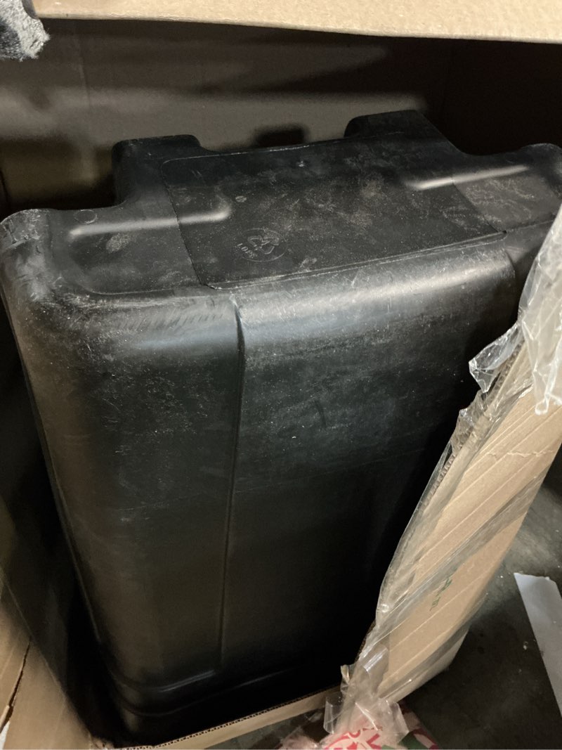 Condition photo showing As Is for vinery 50 gal roughneck wheeled plastic garage trash can, black