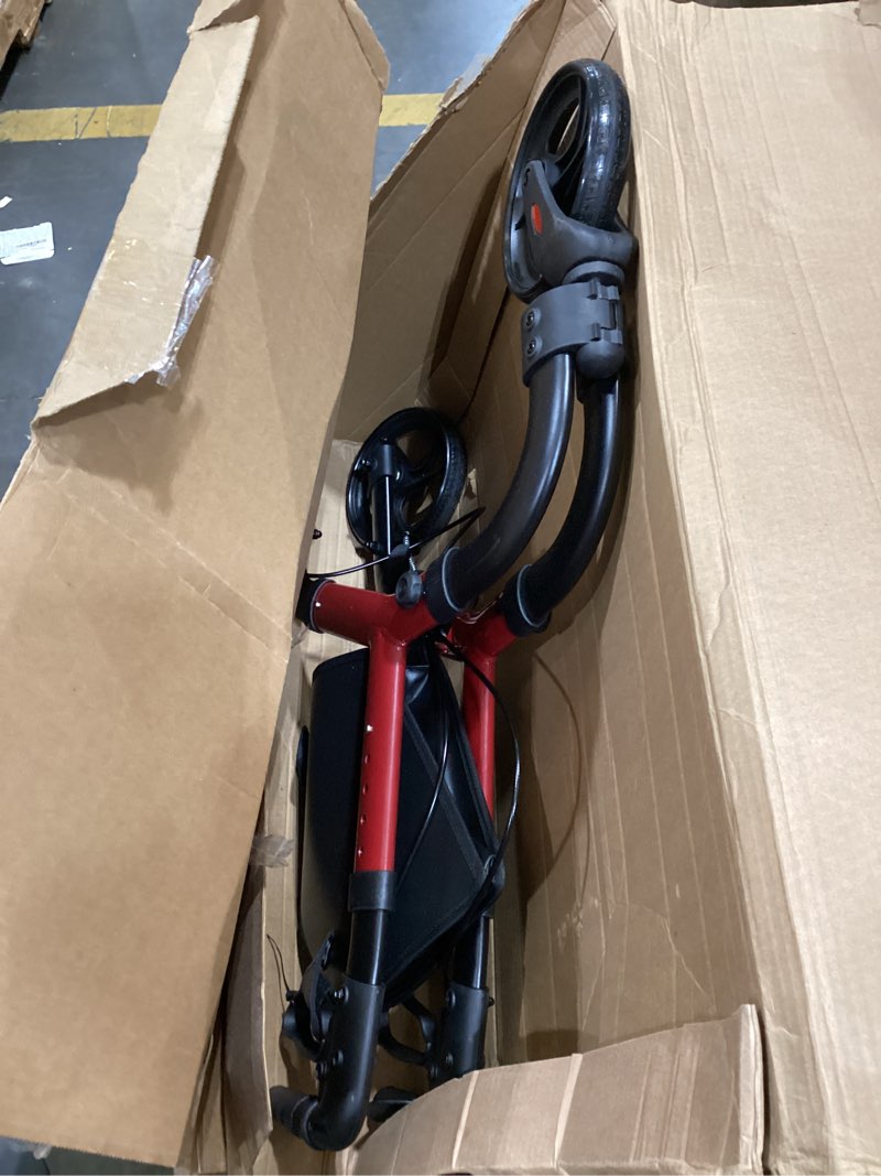 Condition photo showing As Is for 3 wheel walkers for seniors with bag and hand brakes, lightweight foldable rollator with swivel front wheel, adjustable height, compact mobility aid for elderly, indoor outdoor use (red)