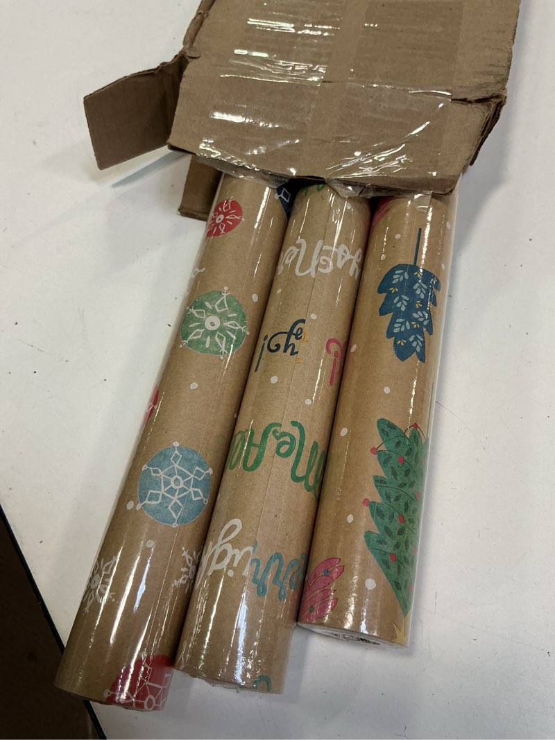 Condition photo showing New/Like New for Hallmark Christmas Wrapping Paper Rolls, Brown Kraft Snowflakes, Blue and Green Foliage, Trees Gift Wrap (Pack of 3: 90 sq. ft. ttl.) for Holiday Parties, Winter Weddings, Birthdays