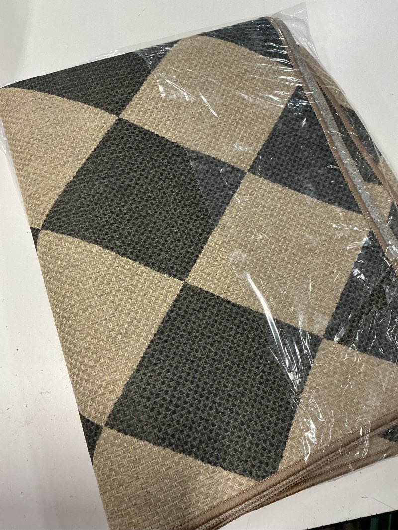 Condition photo showing Good Condition for lessymo checkered 3x5 outdoor patio rug, washable easy jute rugs for entryway indoor outdoor living room carpet, farmhouse non slip door mat for backyard bedroom, diamond black/beige black/checkerboard-1 3' x 5'
