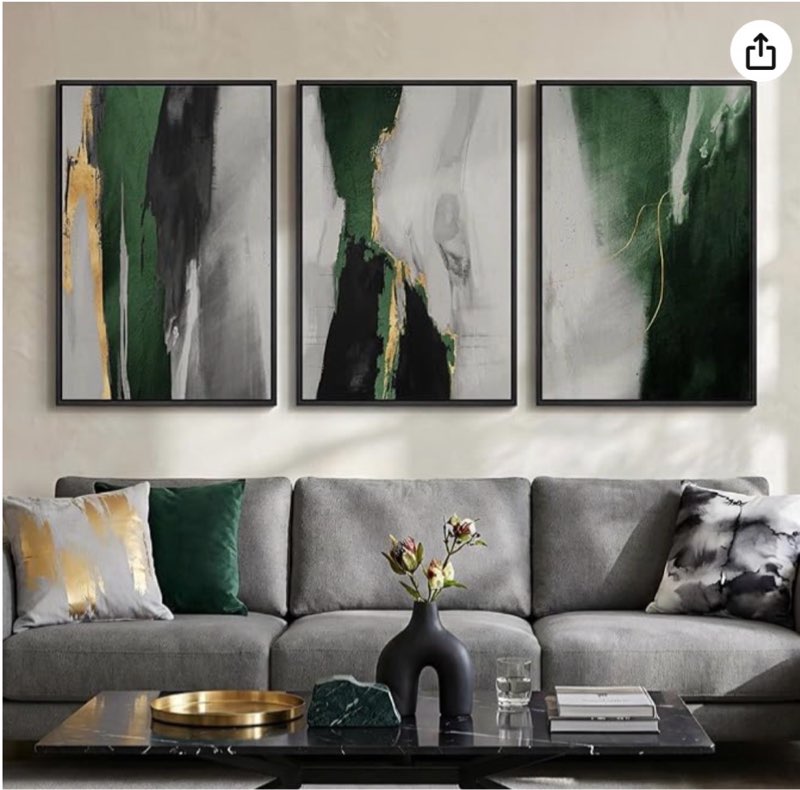 large framed green abstract wall art for living room, 3 piece modern canvas prints paintings artwork