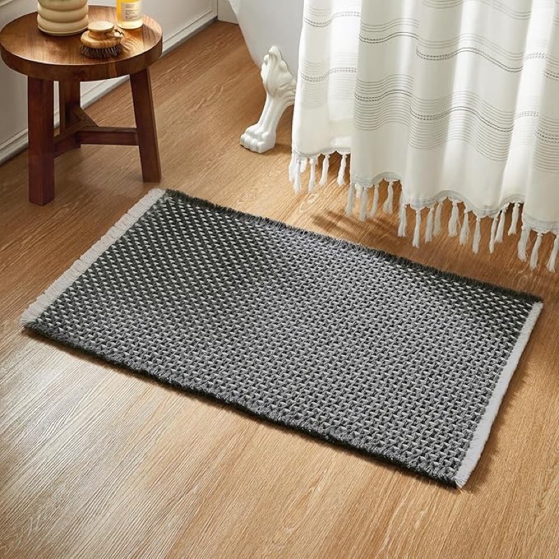 TYUU Boho Bathroom Rugs, Super Absorbent Non Slip Waffle Bath Mat Quick Dry Bath Rugs Washable Boho Dark Grey and White