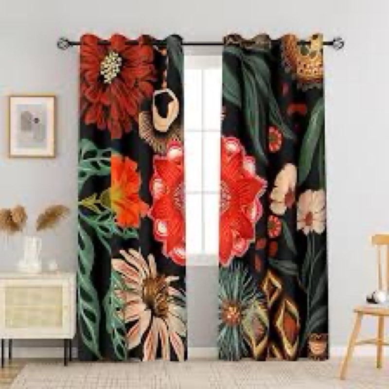 Tyrot Black Boho Floral 100% Blackout Curtains for Living Room 63 inch Long 2 Panels Mid Century Bot