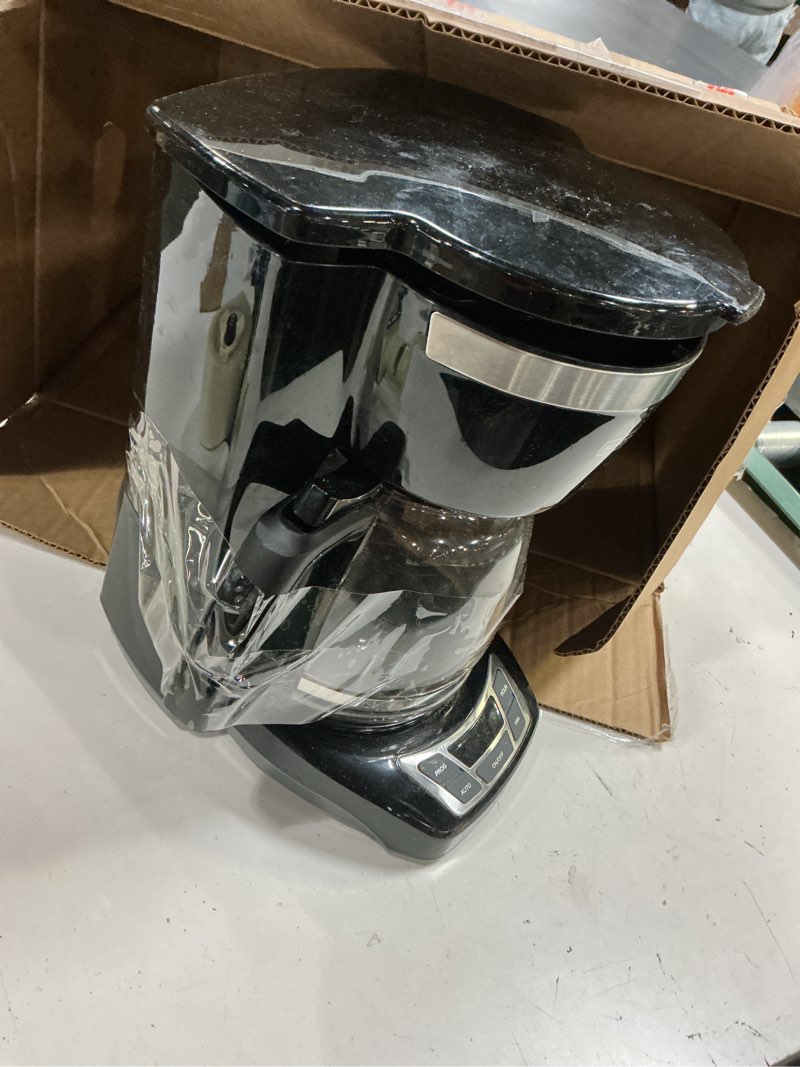 Condition photo showing As Is for black+decker 12-cup digital coffee maker, programmable, washable basket filter, sneak-a-cup, auto brew, water window, keep hot plate, black black coffeemaker