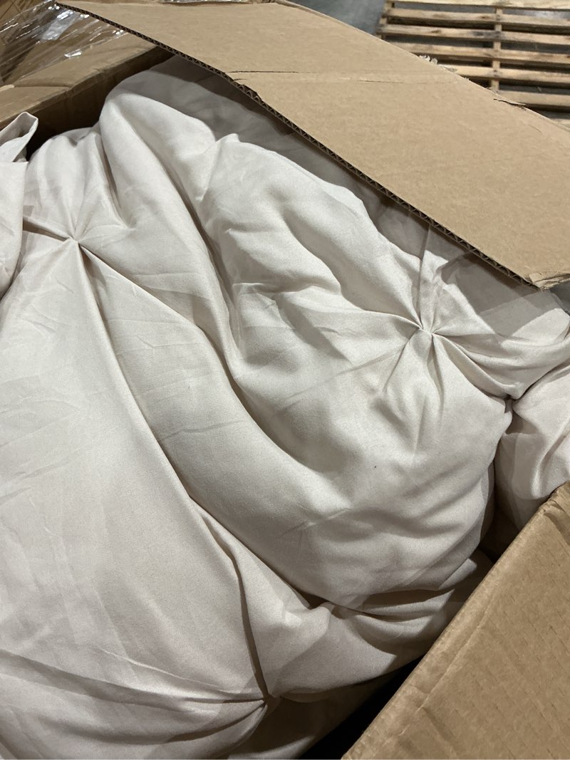 Condition photo showing As Is for sasttie queen comforter set, 7-piece bed in a bag, pintuck bedding sets for all season, includes comforter, flat sheet, fitted sheet, pillowcases and pillowshams, beige