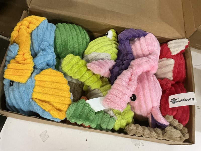 Condition photo showing item condition for 5 Pack Tough Dog Toys Stuffed Squeaky Dog Toys Assortment Plush Animal Dog Toy Value Bundle Puppy Pet Dog Toys for Small Medium Large Dogs