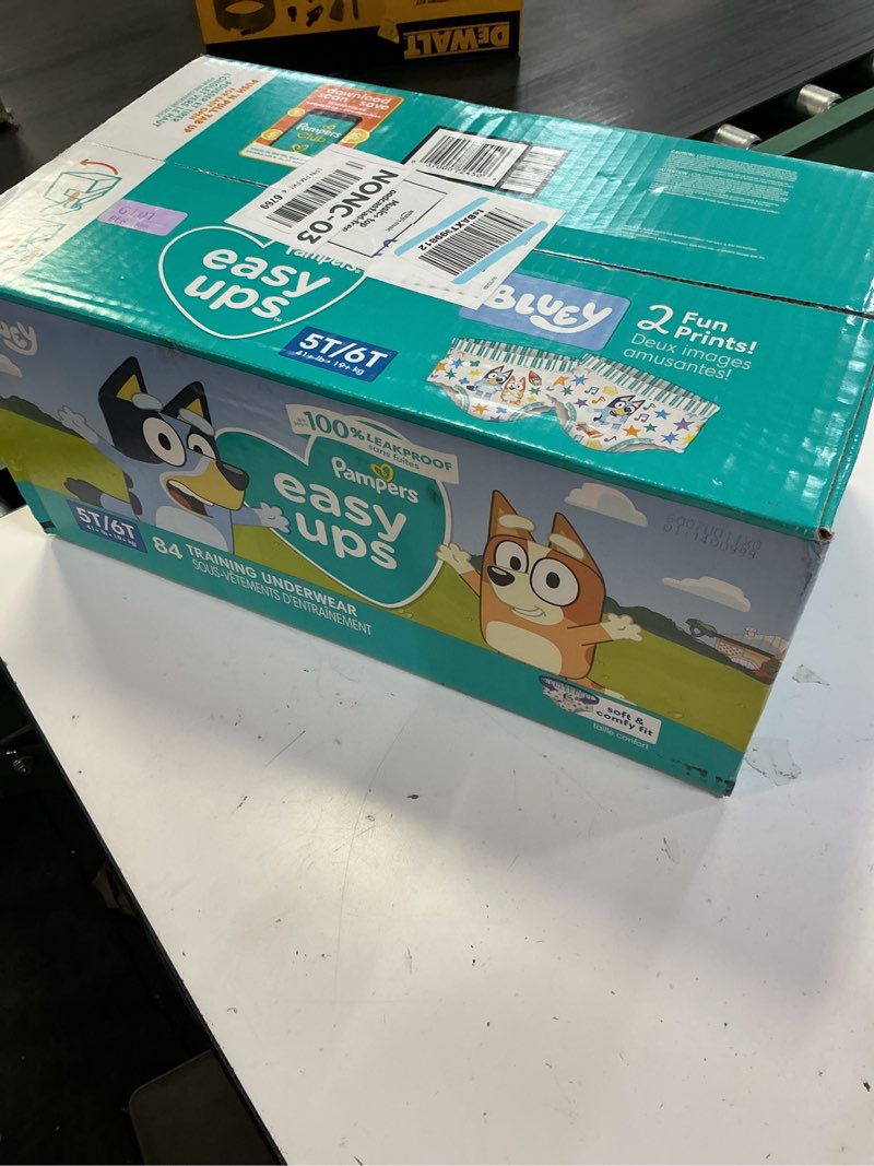 Condition photo showing New/Like New for pampers training pants - easy ups boys & girls bluey - size 5t-6t, 84 count, children's potty underwear (packaging may vary) 5t-6t 84