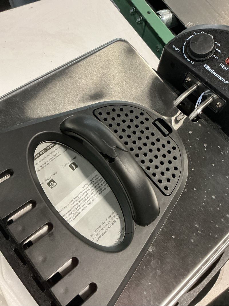 Condition photo showing As Is for Elite Gourmet EDF-401T Electric 4.5 Qt. / 17 Cup Immersion Deep Fryer 3-Baskets, 1700-Watt, Timer Control Adjustable Temperature, Lid with Viewing Window and Odor Free Filter 3 Baskets Stainless Steel and Black