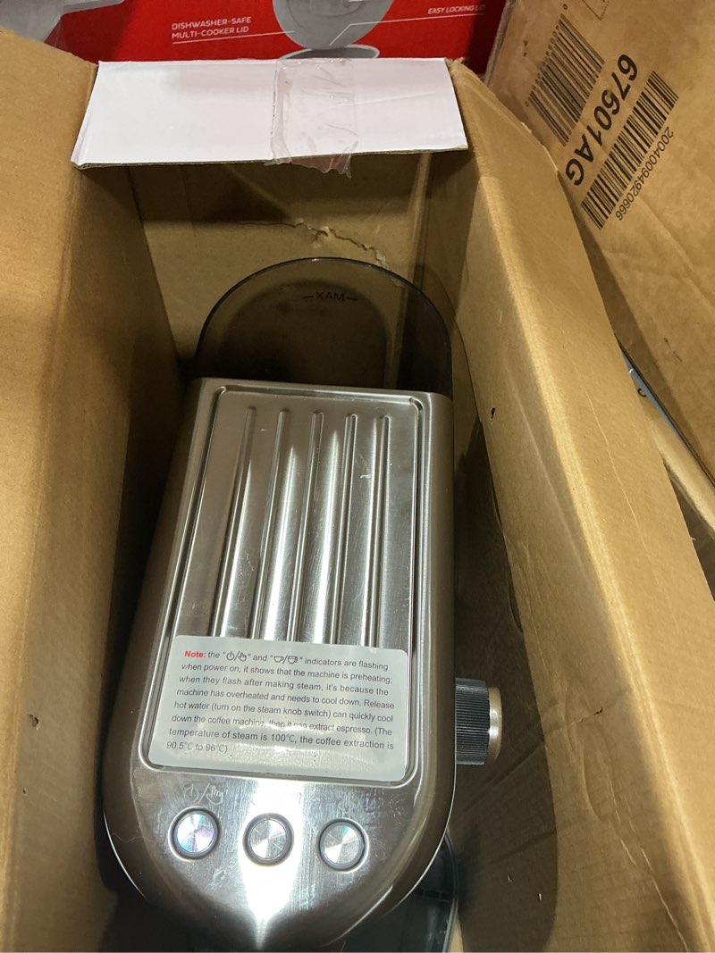 Condition photo showing As Is for atatix espresso machine with milk frother, 20 bar pressure espresso maker, with 44oz removable tank, compact stainless steel coffee machine for home, office, latte, cappuccino, macchiato, silver a-brushed silver