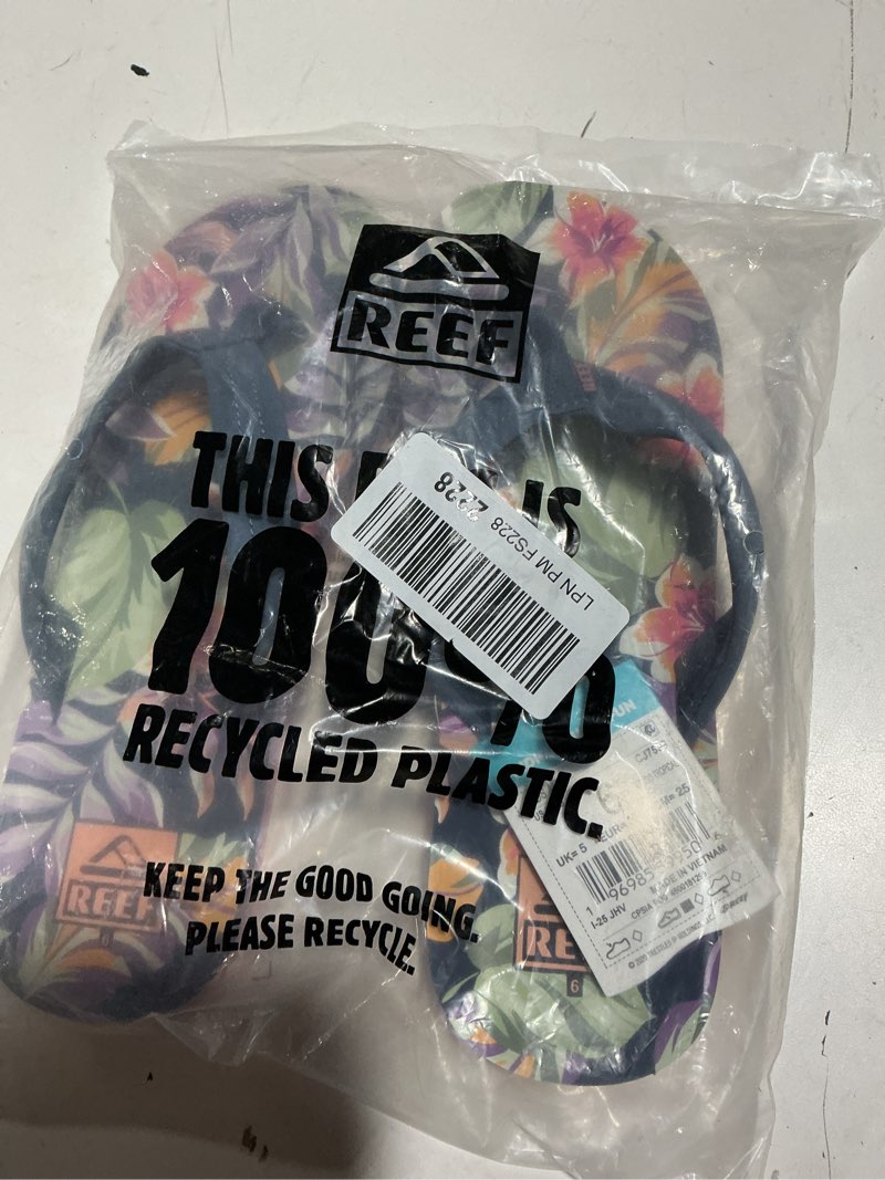 Condition photo showing Good Condition for reef girls kids ahi beach flip flop, soft cushion footbed, water friendly indigo tropical 6 big kid