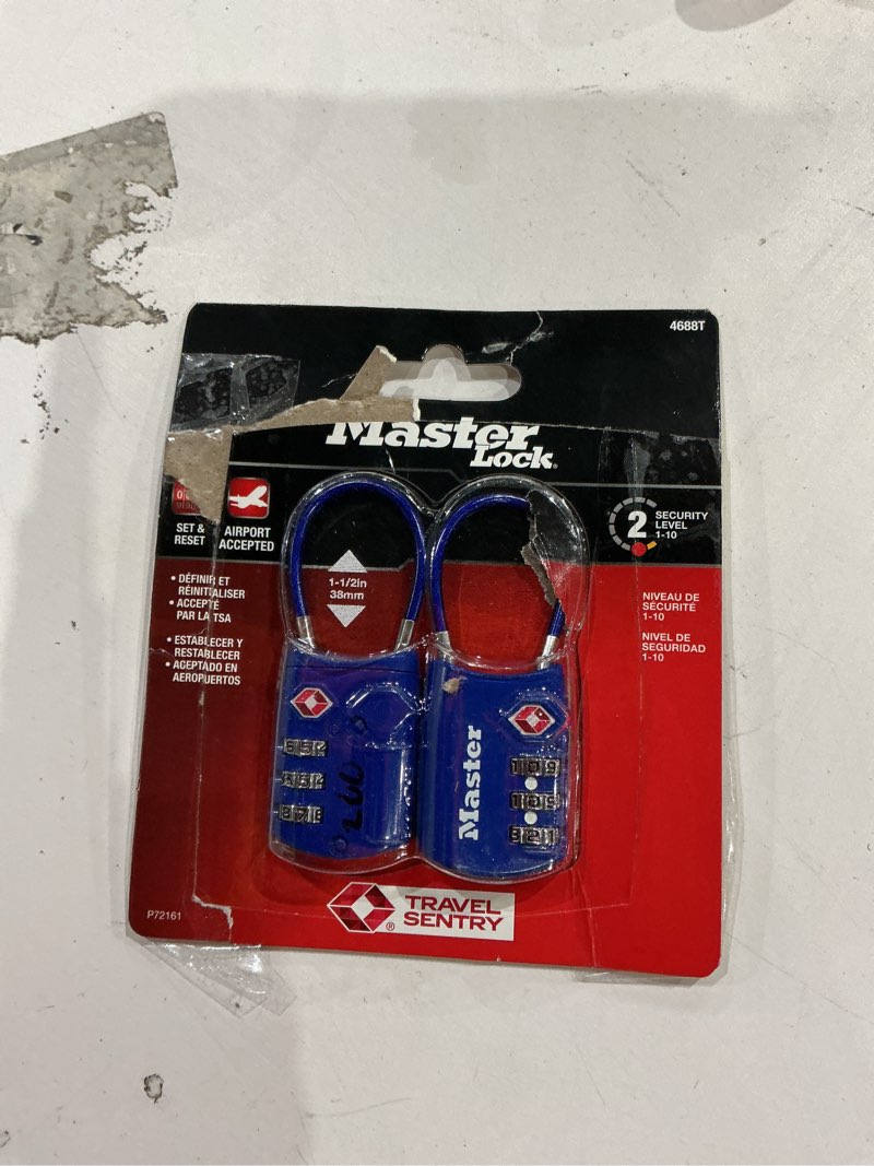 Condition photo showing Good Condition for master lock padlock, set your own combination tsa locks for luggage, travel zipper lock with cable shackle is 1-3/16 in. wide, colors may vary, 4688t, 2 count (pack of 1)