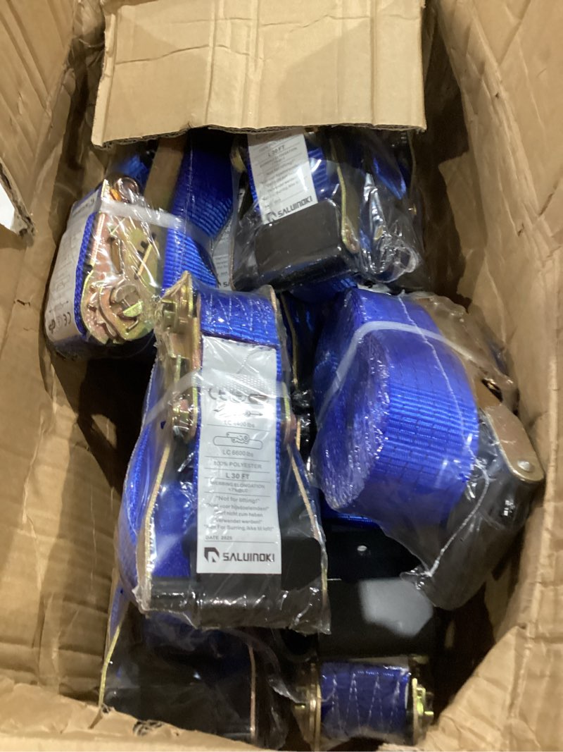 Condition photo showing Good Condition for ratchet straps (8-pack), 1 inch x 16.4 feet (2200lb break strength) with sturdy metal hooks, 1x work gloves, heavy duty tie down straps for truck, cargo trailer, motorcycle, luggage, moving (blue)