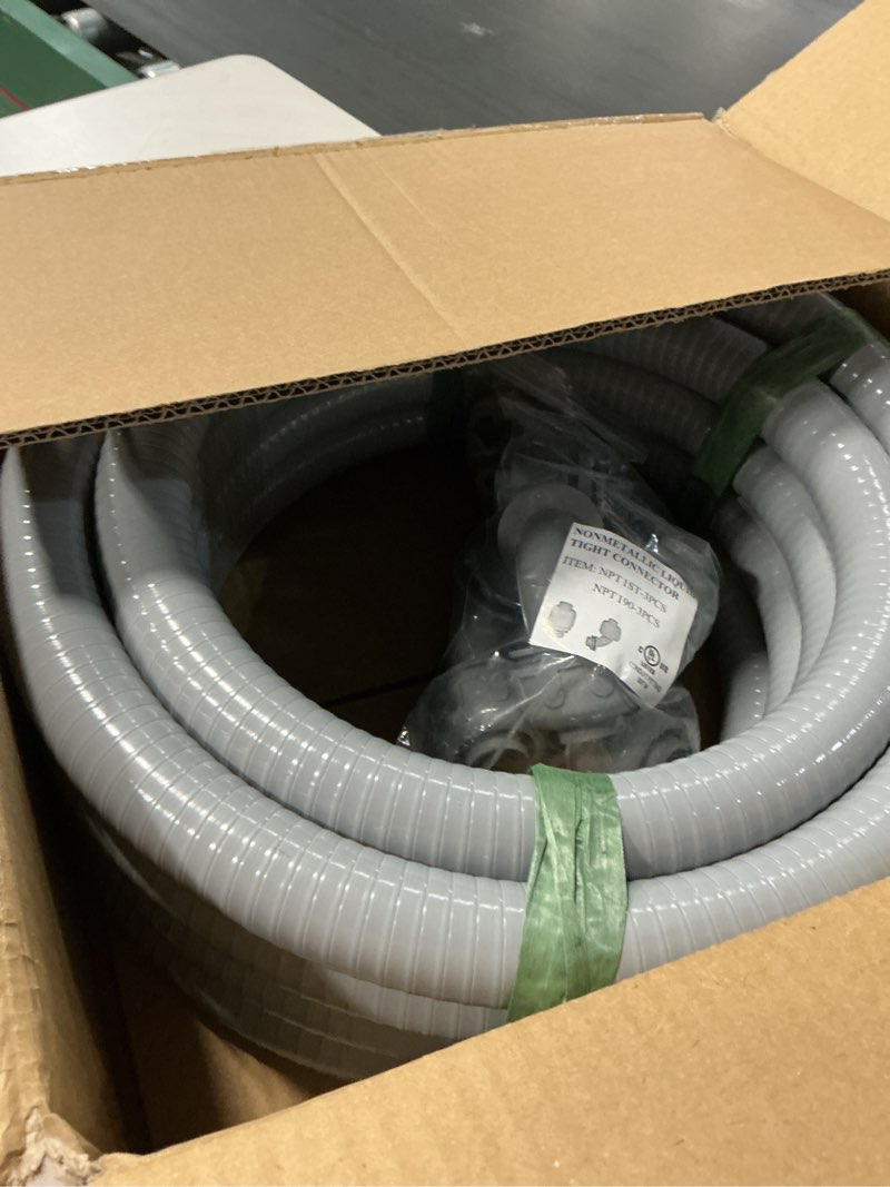 Condition photo showing New/Like New for (1 inch dia * 25 feet) yariwiz flexible electrical conduit liquid tight pvc conduit kit with 3 pcs coupling, 3 pcs elbow and 7 pcs strap, sealtight seal flex liquidtight wire outdoor non metallic grey 1"-25ft kit-grey