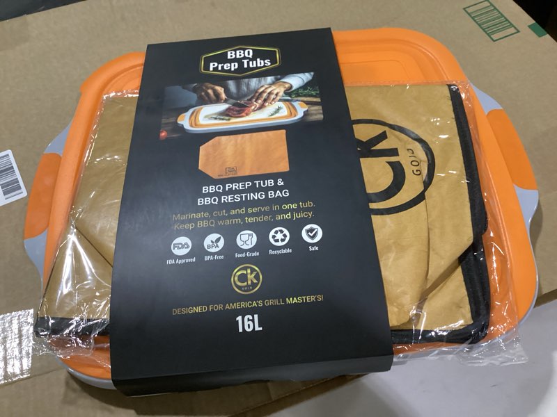 Condition photo showing Good Condition for New Extra LARGE Collapsible BBQ Prep Tub with LOCKING LID & Meat Resting Bag - BPA Free Foldable Cutting Board with Lid, Leak Free, Strong Drain Hole for Meal Prep, Marinating, & Food Storage (Orange)