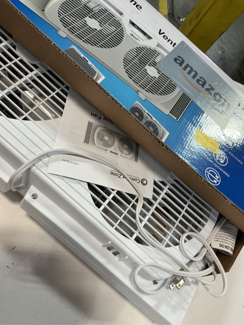 Condition photo showing Good Condition for Comfort Zone Twin Window Fan with Reversible Airflow Control, 9 inch, Auto-Locking Expanders, 2 Speed Fan, Dual Fan, Exhaust, Airflow 9.84 ft/sec, Ideal for Home, Kitchen, Bedroom & Office, CZ319WT White 9"