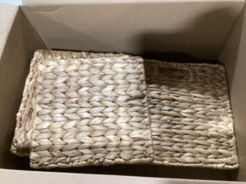 Condition photo showing Good Condition for 11x11x11in Water Hyacinth Storage Baskets, 11 Inch Cube Storage Bins, Woven Baskets for Storage, Wicker Storage Basket for Shelves Set of 3