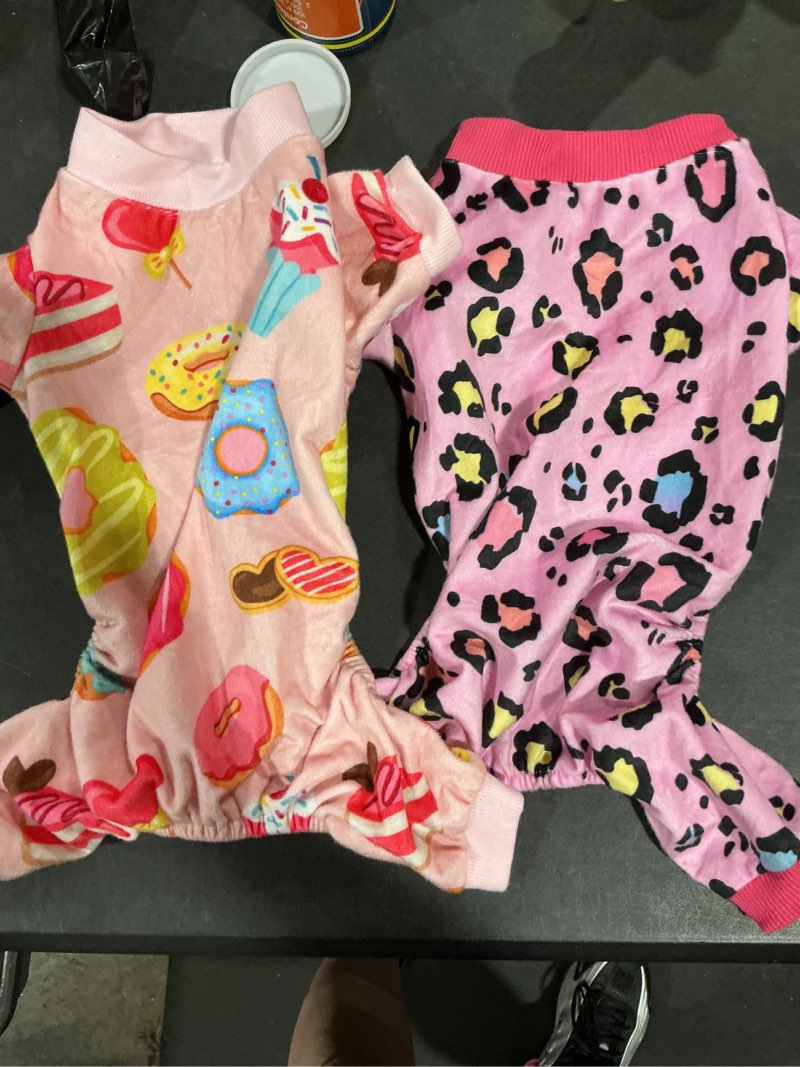 Condition photo showing Good Condition for (Missing 2) 4 Pack Dog Pajamas Soft Lightweight Dog Recovery Suit Onesie Clothes for Small Medium Female Pet Boys Girls Dogs Leopard,Donut,Unicorn,Duck M (Back: 9\",Chest: 13.7\", 5-8lbs)