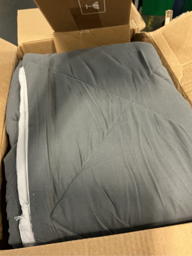 Condition photo showing Good Condition for downluxe king size comforter set - charcoal and grey king comforter, soft bedding sets for all seasons -3 pieces - 1 comforter (104"x92") and 2 pillow shams(20"x36") charcol/grey king