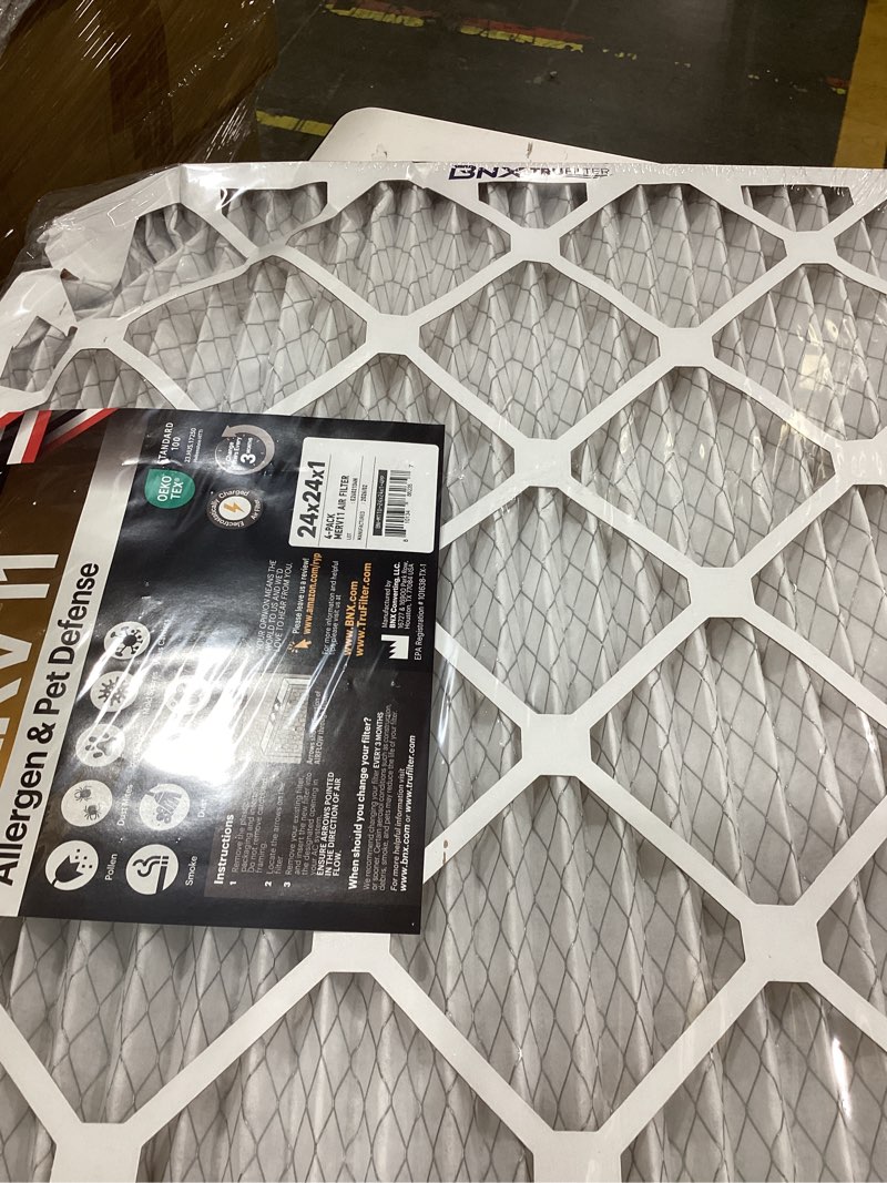 Condition photo showing As Is for bnx trufilter 24x24x1 air filter merv 11 (4-pack) - made in usa – air conditioner ac furnace filters for allergies, dust, pet, smoke, allergy mpr 1200 fpr 7 (actual size: 23.38 x 23.38 x 0.75 inches) 24x24x1 4-pack