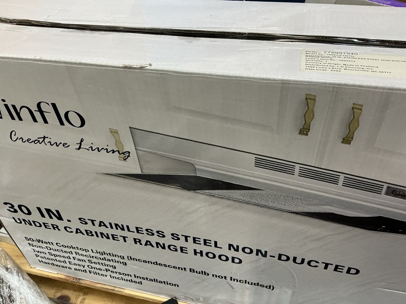 Condition photo showing As Is for winflo 30 in. stainless steel non- ducted under cabinet range hood