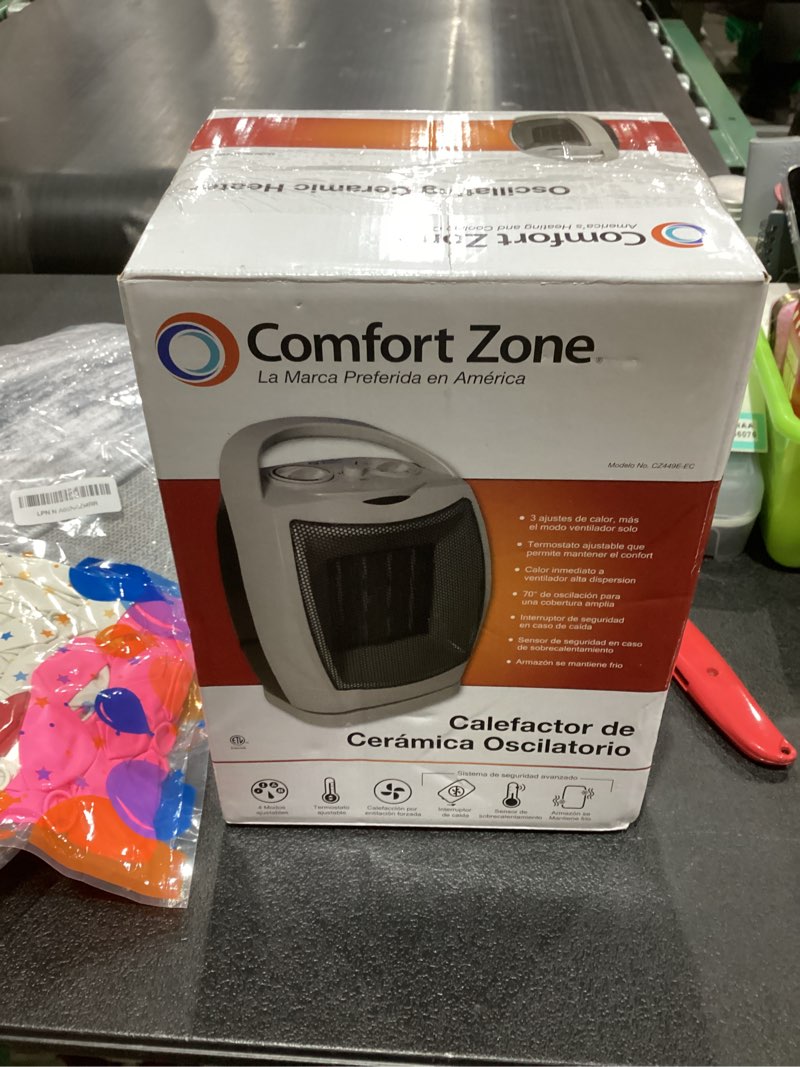Condition photo showing New/Like New for Comfort Zone Oscillating Indoor Space Heater, Portable, Ceramic, Electric, Energy-Efficient, Adjustable Thermostat, Tip-Over Switch, Overheat Protection, Ideal for Home, Bedroom, Office, 1500W, CZ449E Gray 750/1,500-Watt