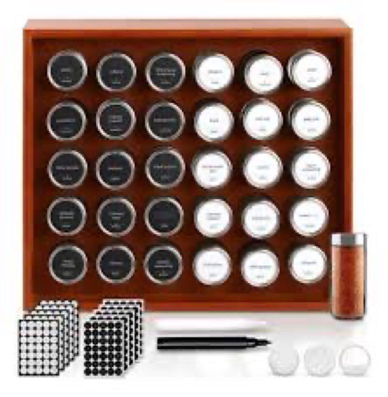 BOURBON & BARREL Wooden Spice Rack Organizer with Glass Jars | Stainless Steel Lids | Bamboo Countertop Spice Organization | 350 Waterproof Spice Labels | 2 Chalk Markers | 30 4oz Jars [Walnut]