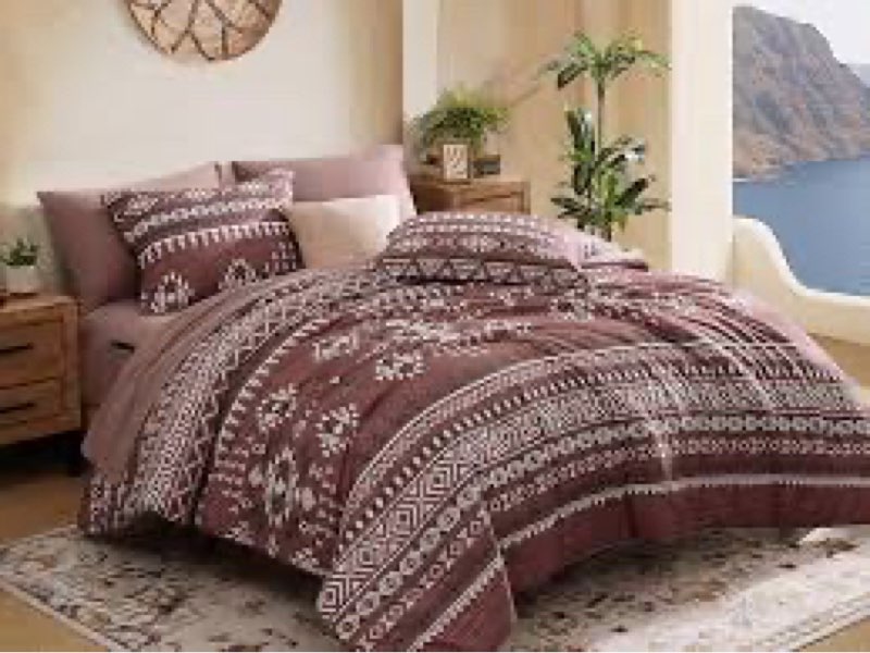 CASAAGUSTO King Size Comforter Set, 7 PCS Dark Red Boho Comforter King Size, Bohemian Striped Bed in