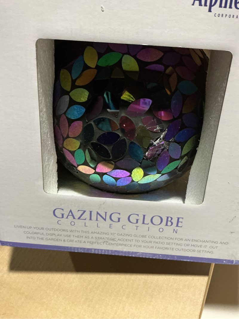 Condition photo showing As Is for alpine corporation 12" glass pearlized petals mosaic gazing globe with petal pattern purple