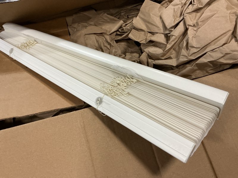 Condition photo showing As Is for Cordless Light Filtering Mini Blind - 24 Inch Width, 72 Inch Length, 1" Slat Size - Pearl White - Cordless GII Morningstar Horizontal Windows Blinds for Interior by Achim Home Decor