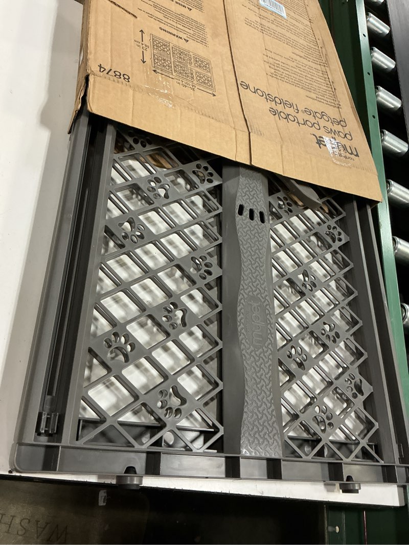 Condition photo showing Good Condition for mypet north states paws portable pet gate: 26-40" wide. pressure mount. no tools needed. made in usa, 23" tall, expandable, durable dog gates for doorways, fieldstone gray