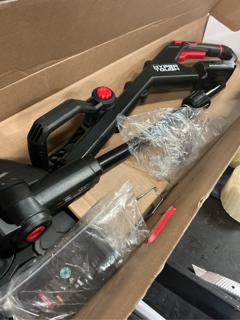 Condition photo showing As Is for (incomplete )hyper tough 12\" 20v brushless cordless string trimmer with 20v max 2.0ah battery and charging cable