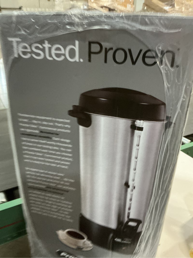 Condition photo showing New/Like New for proctor silex commercial 45100r brushed aluminum coffee urn, 100 cup capacity, fast brewing, one-hand dispensing, dual heaters, commercially rated, nsf listed 100 cups