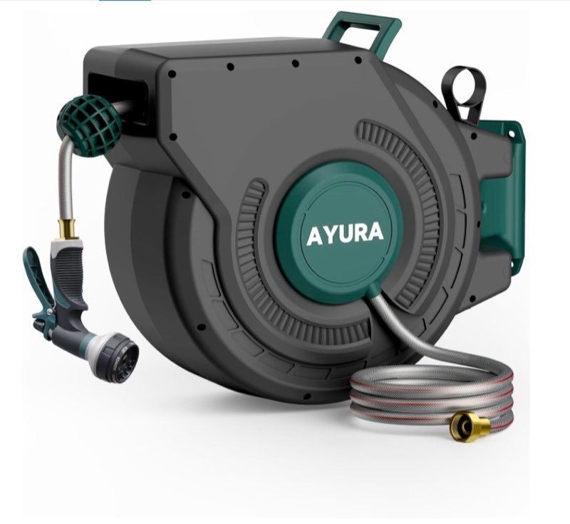 ayura retractable garden hose reel 100 ft x 1/2 inch with pro metal shaft, heavy duty automatic gard