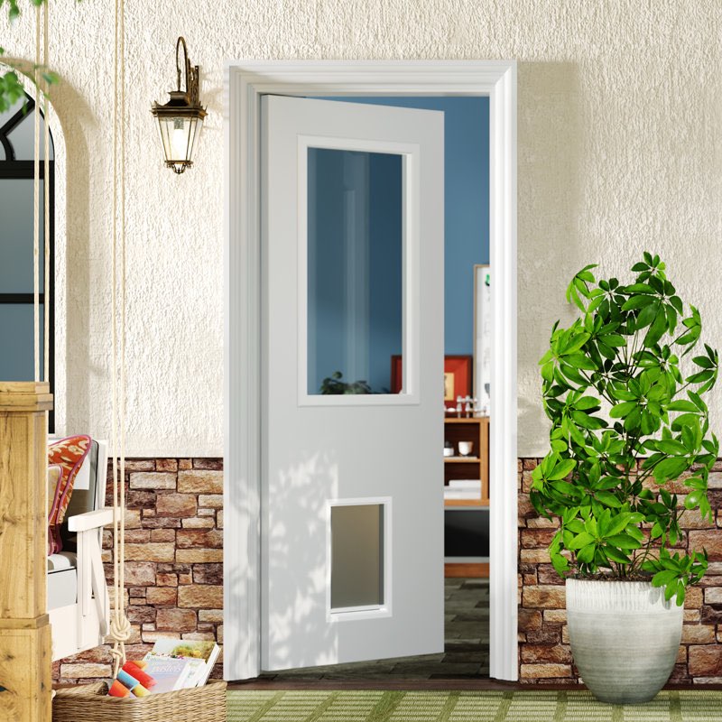 Exterior Doors - 1 Lite Transparent Glassed White MDF Front Door Slab With Large Pet Door