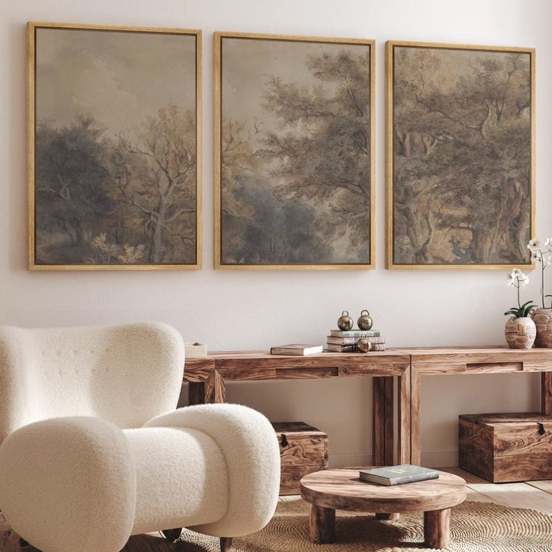 Vintage Forest Landscape Canvas Print Wall Art Set of 3 - Antique Nature Scene Decor for Library or Traditional Interiors