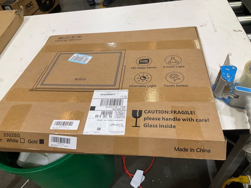 Condition photo showing Good Condition for ROLOVE Vanity Mirror with Lights 22"x18", Lighted Makeup Mirror with 10X Magnification, Smart Touch 3 Colors Dimmable, 360° Rotation, Women Gift, Dresser Mount, Bathroom (Gold) Gold 22"L x 18"W