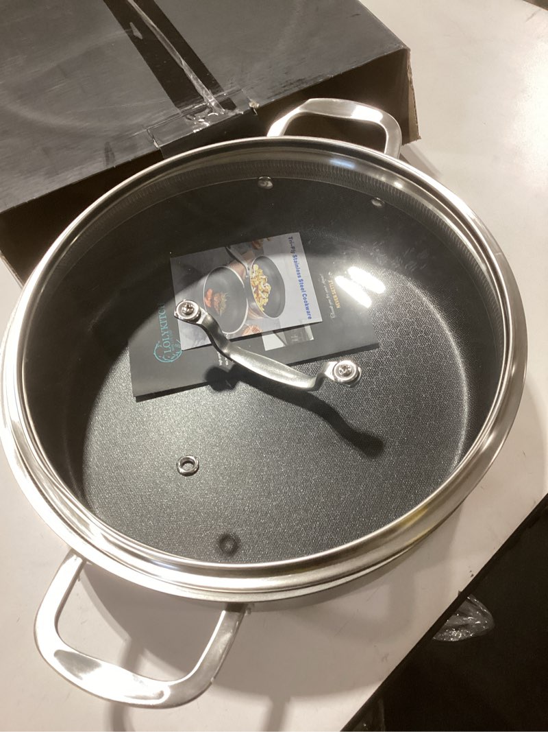 Condition photo showing Good Condition for LOLYKITCH 6 Quarts Hybrid Tri-Ply Stainless Steel Non-Stick Deep Frying Pan,Sauté Pan with lid,Induction Large Pan, Jumbo Cooker,Heavy Duty & Oven Safe. 6-QT Hybrid Basic. Similar to stock photo 