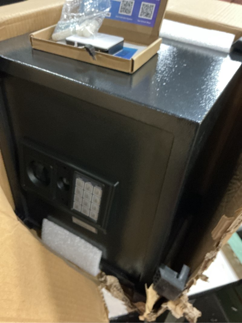 Condition photo showing As Is for 16.54 inches tall safe box, 2.5 cuft home safe with fireproof waterproof bag, anti-theft digital security lock box with smart alert system, removable shelf, mute function, document safes for jewelry 2.5 cuft regular version