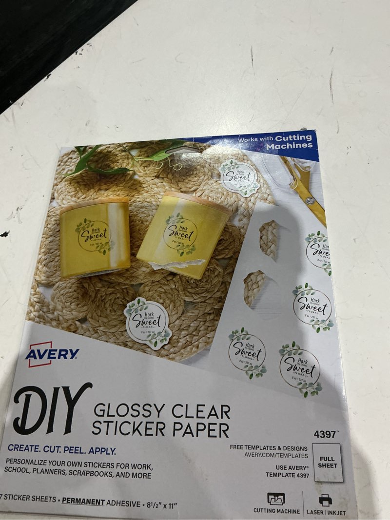 Condition photo showing Good Condition for avery diy sticker paper, glossy clear, 8-1/2" x 11", film, laser/inkjet, permanent, 7 blank sheets