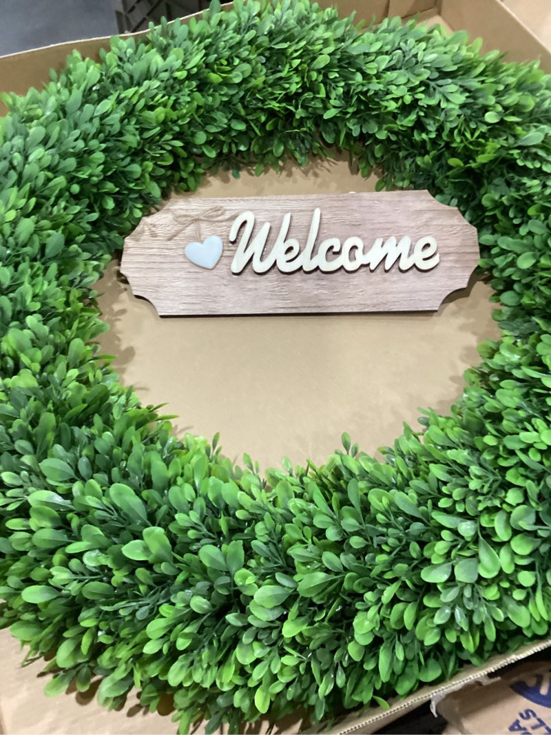 Condition photo showing Good Condition for 26Inch Boxwood Wreaths for Front Door?Summer Wreaths for Front Door Outside Realistic?Front Door Wreath Outside All Season?Artificial Green Wreath for Farmhouse Porch Wall Wedding Room Home Decor