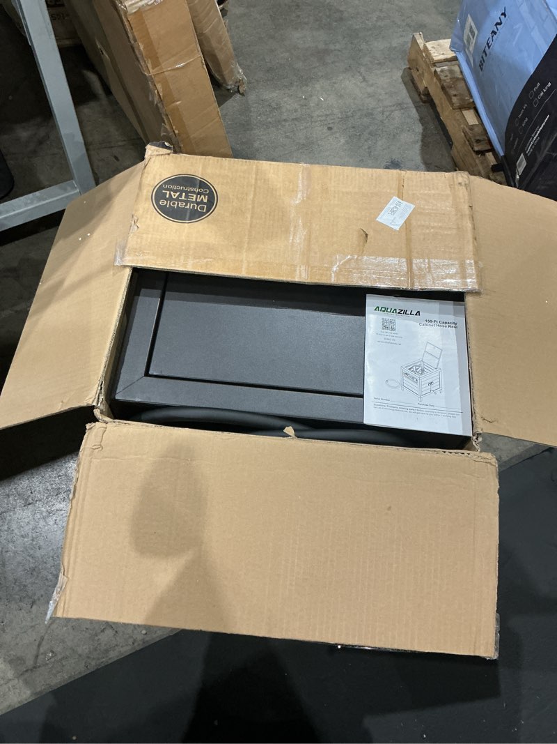 Condition photo showing Good Condition for metal garden hose reel deck box, durable steel garden hose storage box cabinet, 150ft 5/8" garden hose capacity. - hose guide manual rewind, no-leak aluminum water connections