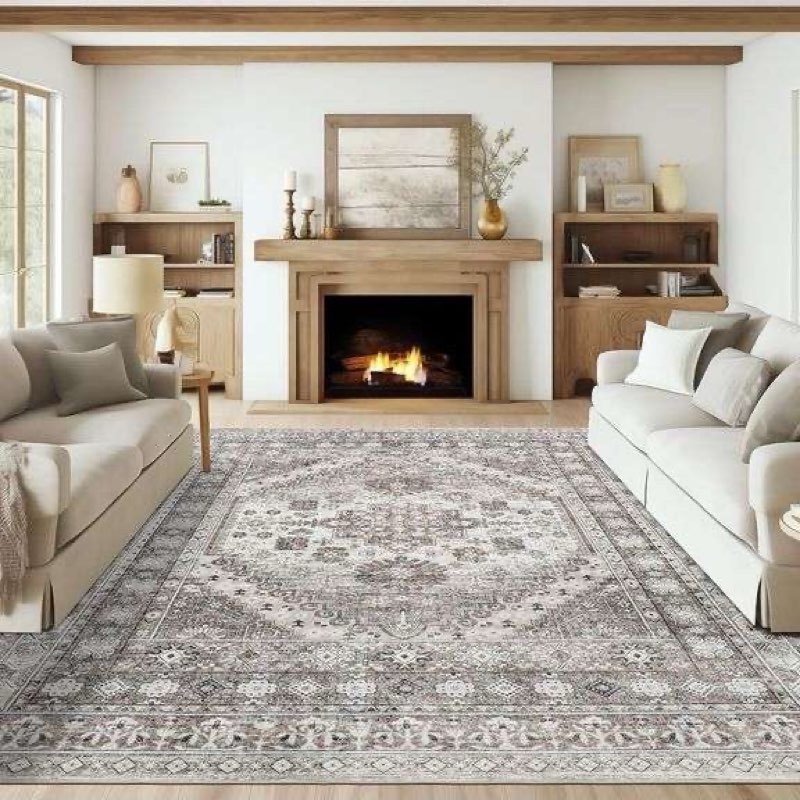 befbee washable rug 8x10 area rugs for living room - stain resistant non-slip backing rugs for bedroom - vintage large area rug (brown/beige, 8'x10') 