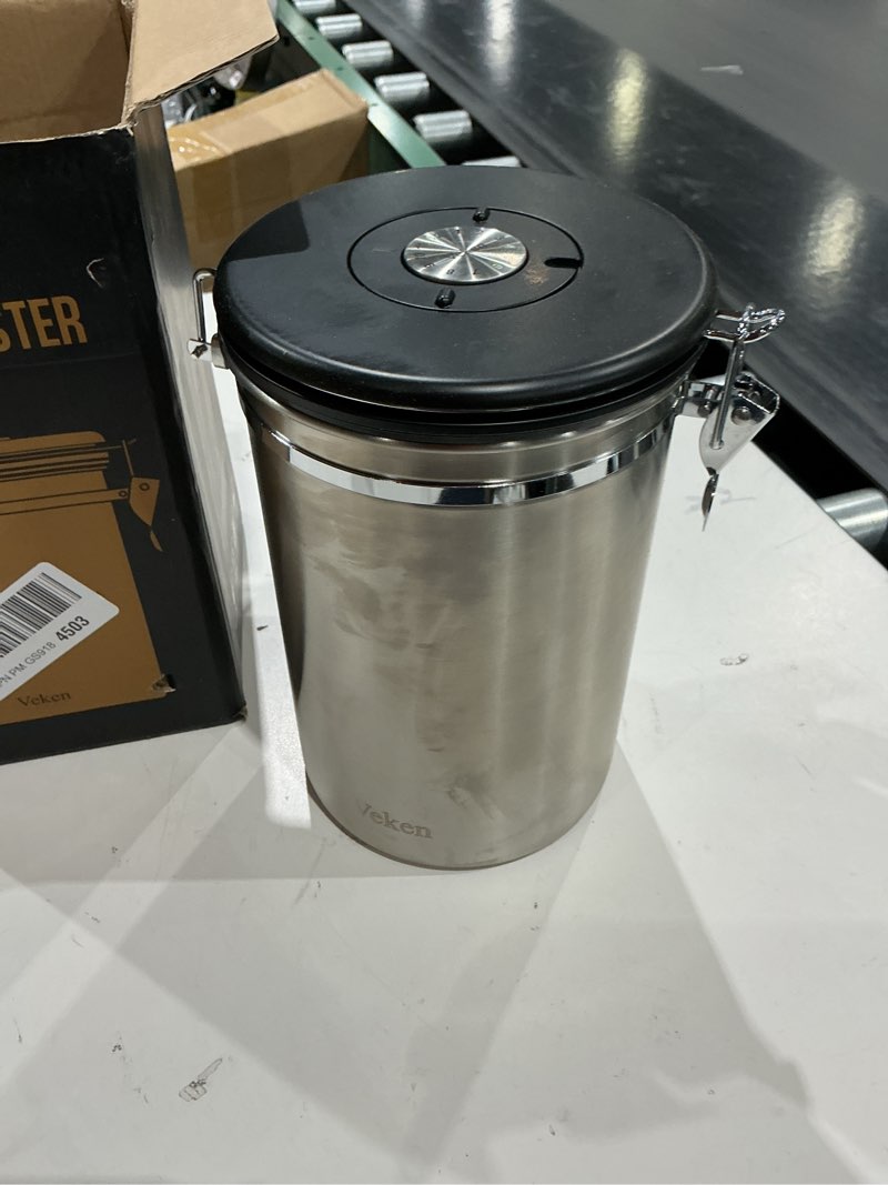 Condition photo showing Good Condition for veken coffee canister, 39oz large, airtight stainless steel food storage container for 2.2lbs coffee beans, ground, sugar, tea, flour, cereal, kitchen bar accessories with date tracker & scoop, silver iced silver 39 oz