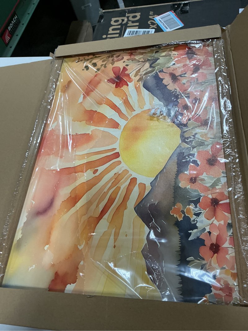 Condition photo showing As Is for Framed Sunset Boho Wall Art for Living Room - Modern Abstract Floral Canvas Picture Boho Wall Decor, Sun Landscape Aesthetic Painting Poster Prints for Bedroom Home Office 12x16 inch Sunset glow Framed 16"L x 12"W